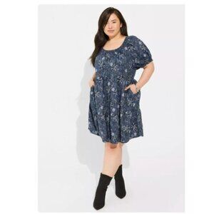 Torrid Mini Chambray Puff Sleeve Smocked Dress size 1X plus blue womens